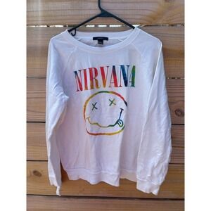 Forever 21 Nirvana Smiley Face Rainbow Graphic Sweatshirt White Mens Large L
